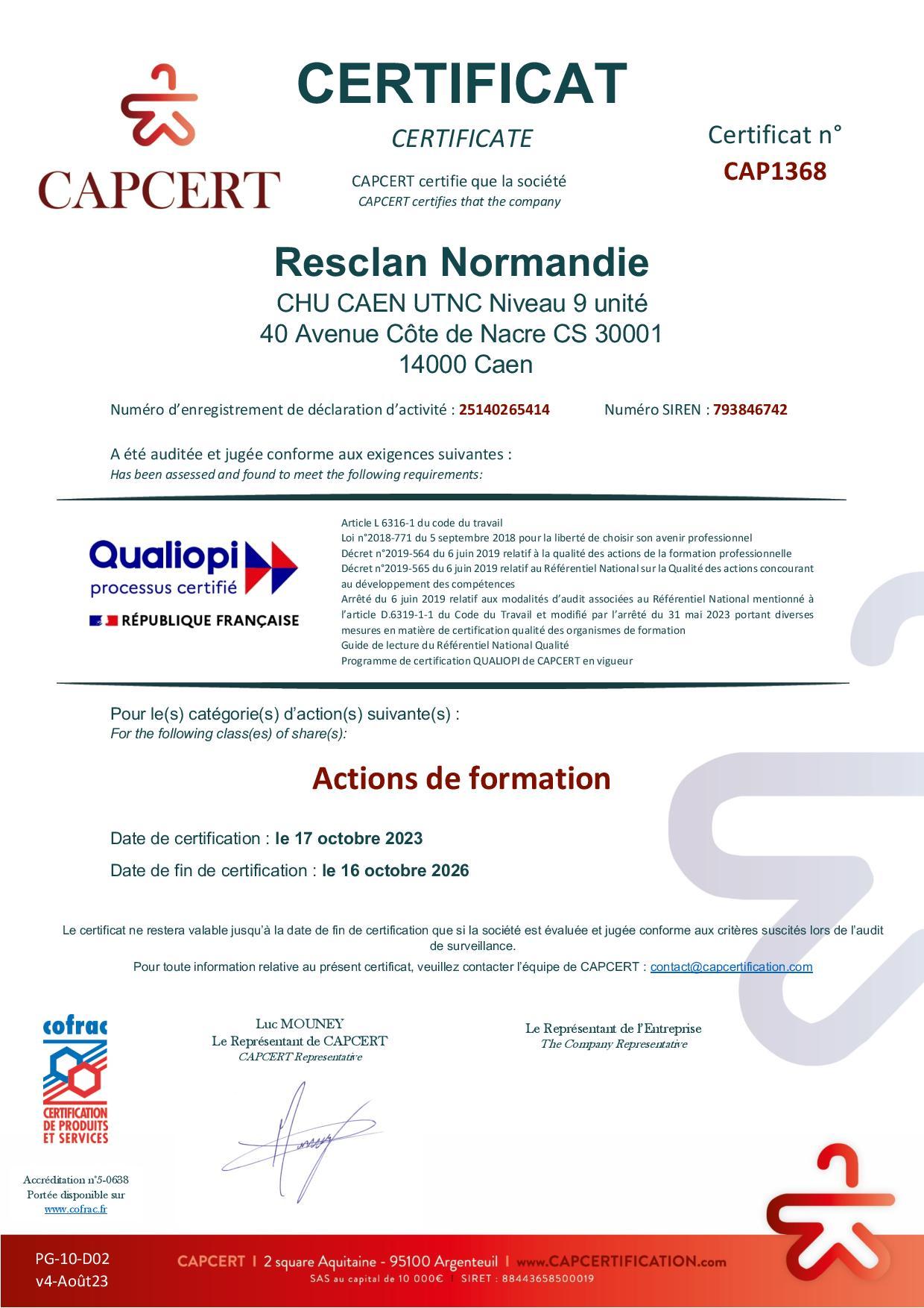 Certificat qualiopi resclan normandie cap1368 ai 2023 page 001